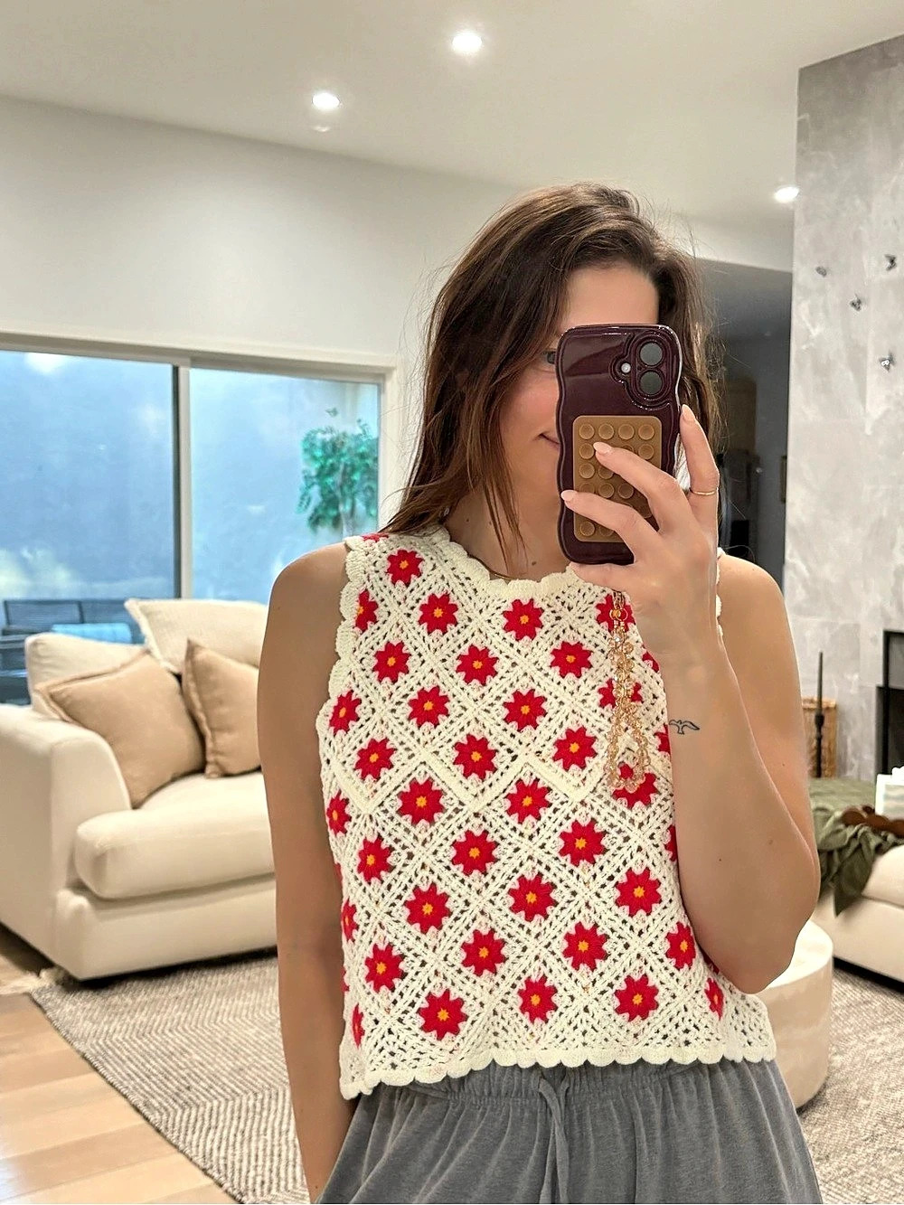 NWT Easy Clothes Marcella Red Floral Crochet Granny Square Tank Top TU